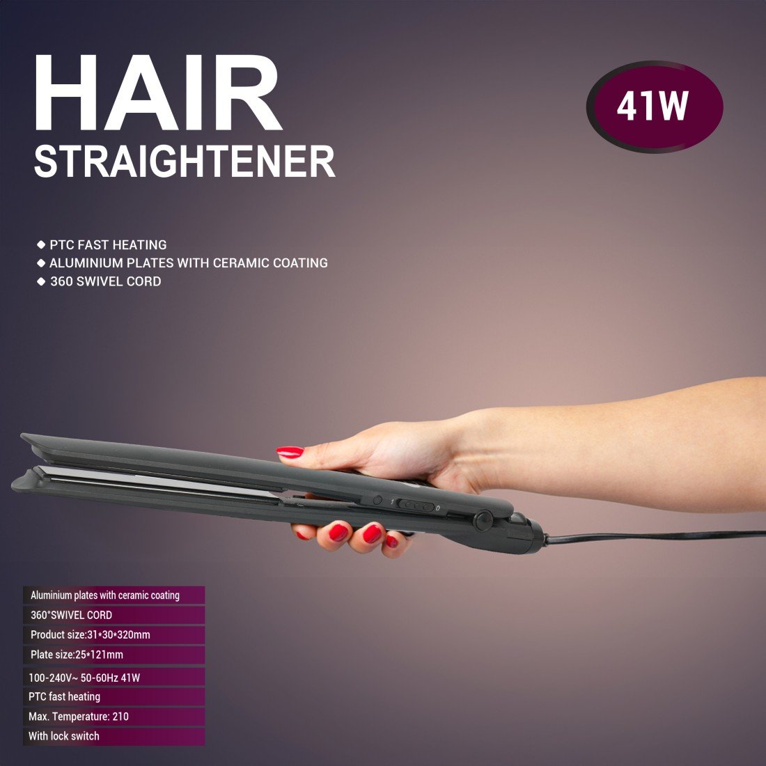 AFRA Hair Straightener – 41W, Ceramic Coated Plates, 210°C Max, PTC Heating – AF-0043HSBK - Image 3