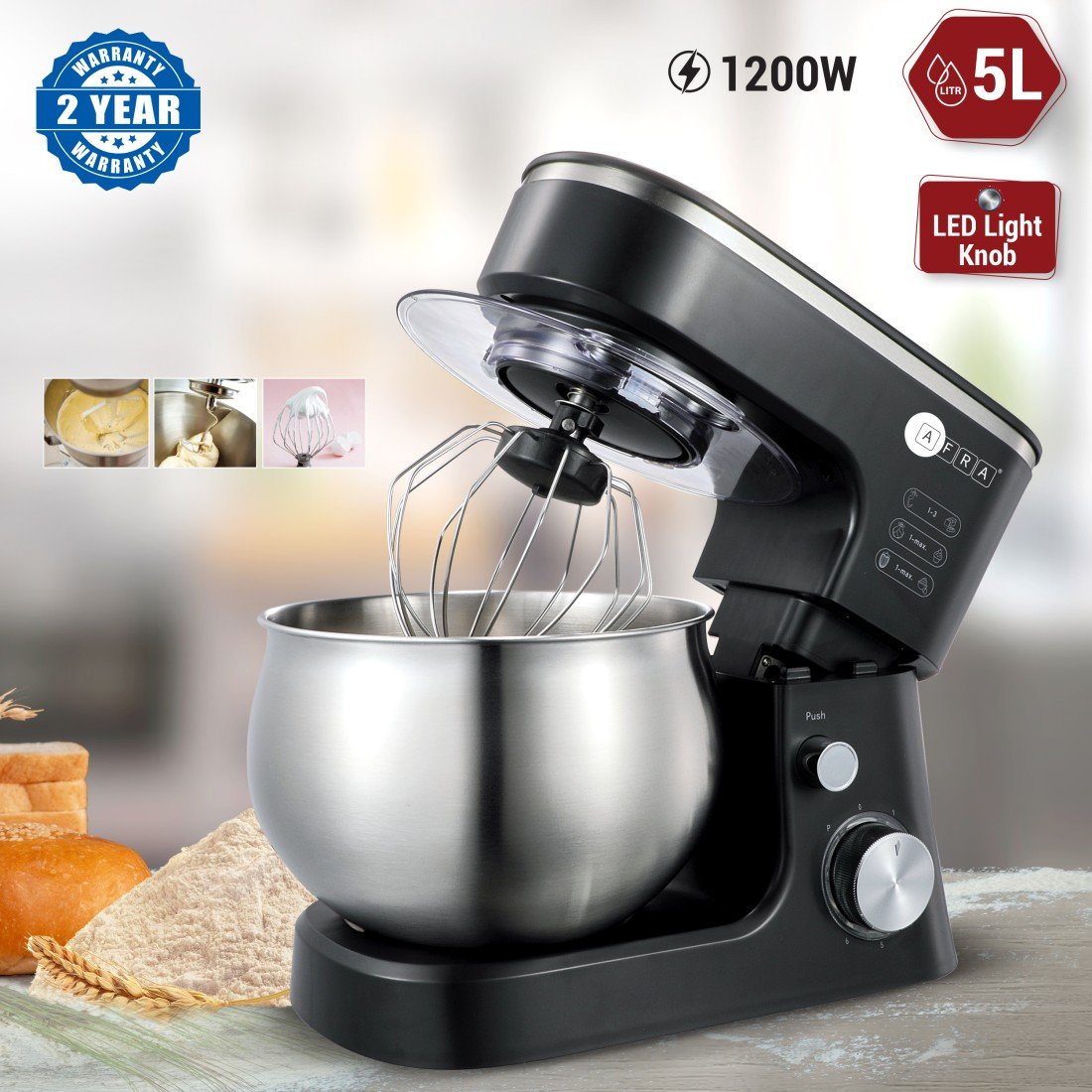AFRA Stand Mixer 1200W – 5L Bowl, 6 Speeds, Metal Gears, AF-1200SMBK - Image 2