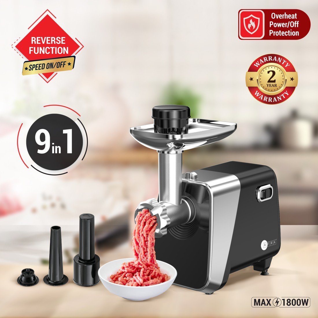 AFRA 1800W Meat Grinder – 2kg Capacity, Stainless Steel Blade, Kibbeh & Sausage Kit – AF-1800MGBK - Image 2