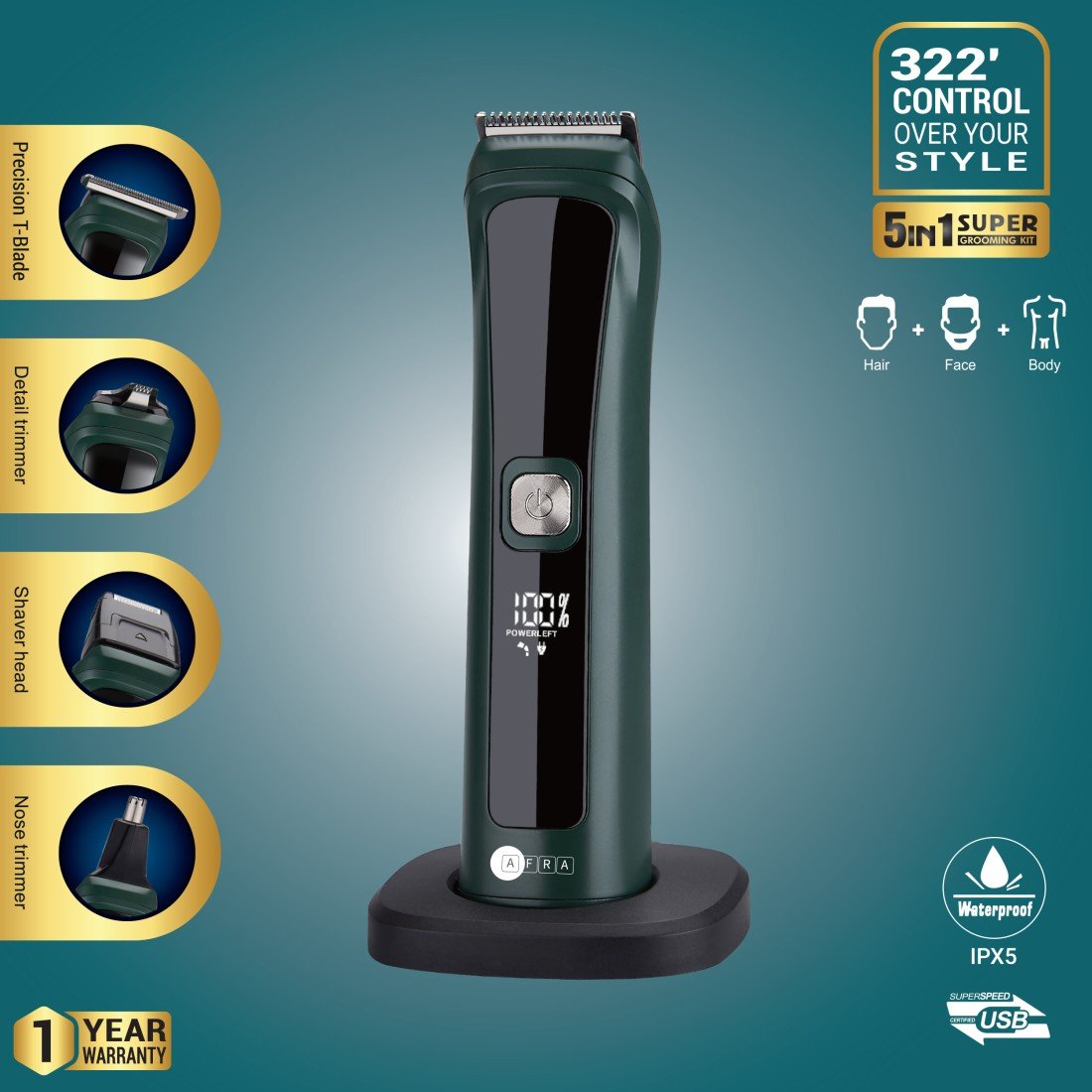AFRA Rechargeable Hair Trimmer Grooming Kit AF-0005HTGR – Waterproof with Stainless Steel Blade - Image 3