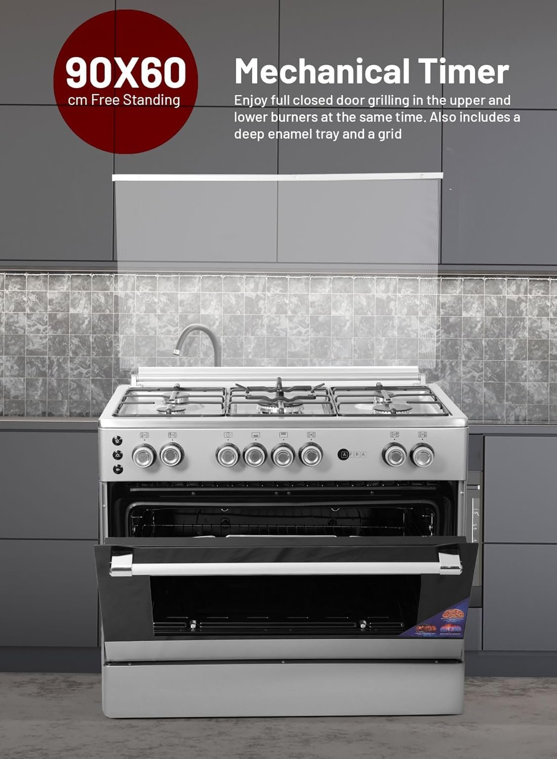 AFRA Free Standing Gas Oven 90x60cm – 5 Burners, Double Oven Burners, AF-90 - Image 7