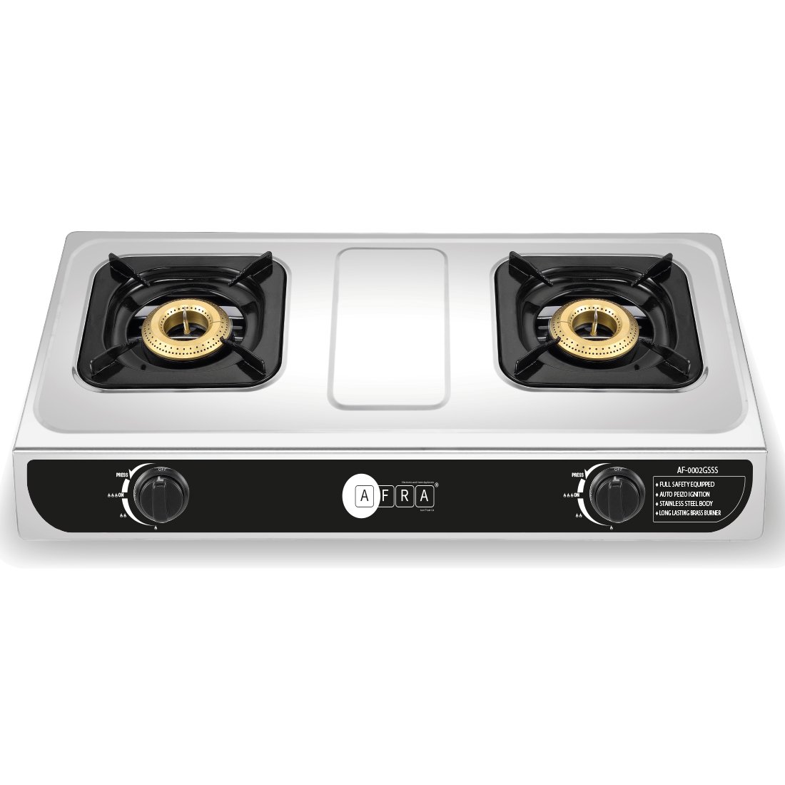 AFRA 2-Burner Gas Stove, Battery Ignition, Stainless Steel, Safety Certified – AF-0002GSSS