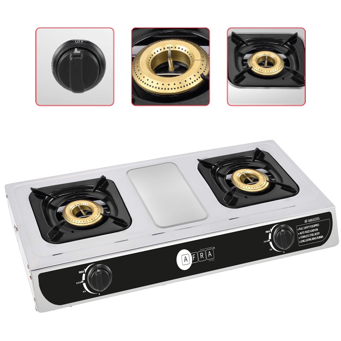 AFRA 2-Burner Gas Stove, Battery Ignition, Stainless Steel, Safety Certified – AF-0002GSSS - Image 3