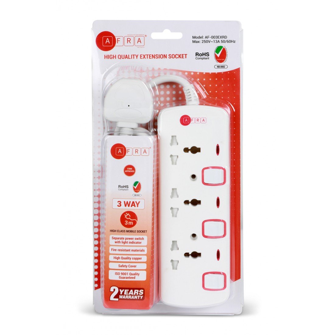 AFRA Extension Cord AF-003EXRD – 3-Way, 3M Cable, Universal Sockets, 250V, Shockproof, Easy Setup