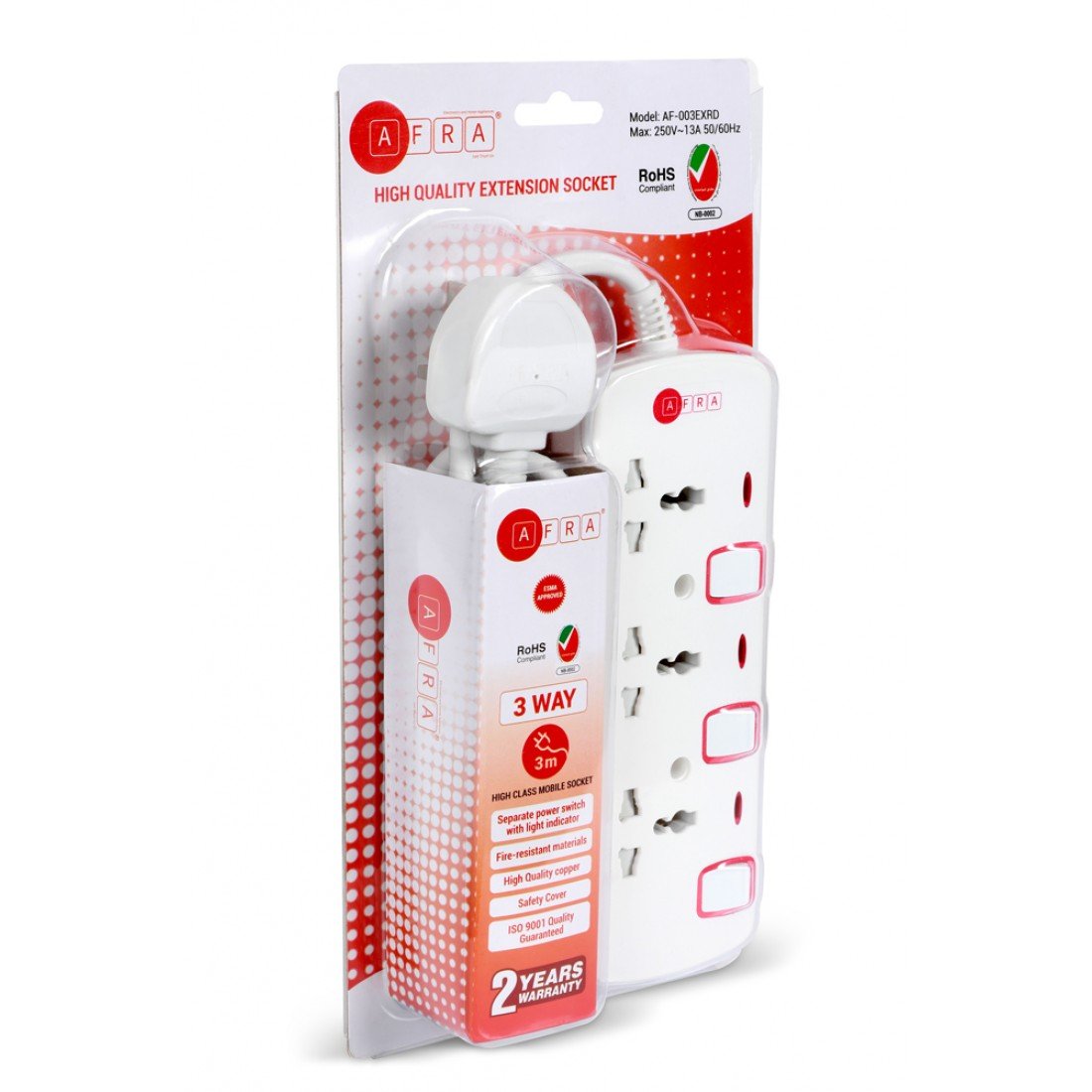 AFRA Extension Cord AF-003EXRD – 3-Way, 3M Cable, Universal Sockets, 250V, Shockproof, Easy Setup - Image 5