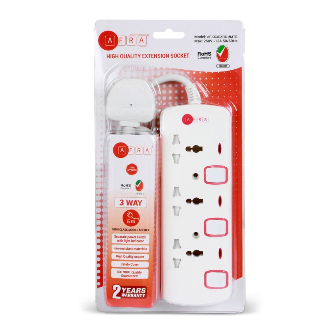 AFRA Extension Cord AF-003EXRD-5MT – 5M Cable, 3 Universal Sockets, 250V, Shockproof, 2-Year Warranty