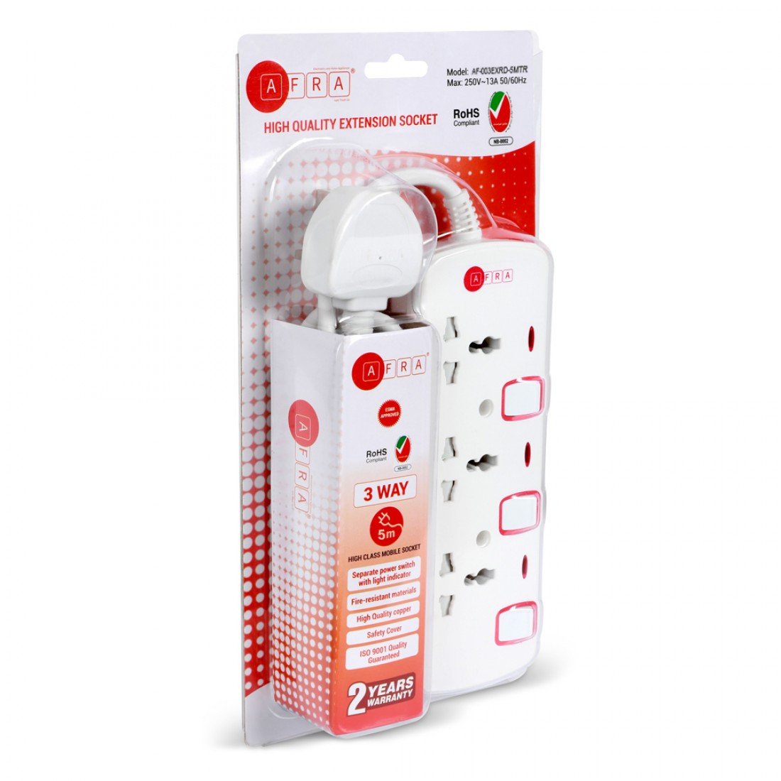 AFRA Extension Cord AF-003EXRD-5MT – 5M Cable, 3 Universal Sockets, 250V, Shockproof, 2-Year Warranty - Image 5