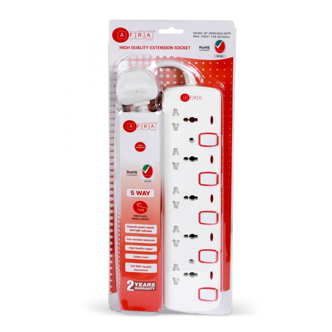 AFRA Extension Cord AF-005EXRD-5MT – 5m, 5-Way Universal Sockets, Shockproof, 250V, Easy Storage