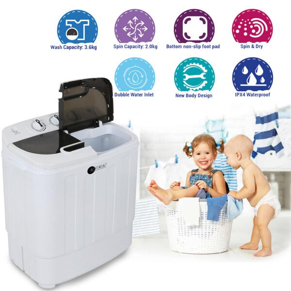 AFRA Baby Washing Machine, 3.6kg Capacity, 220-240V, 50-60Hz, Non-Slip Foot Pad, Elution Separation, Compact Size, Spin and Dry, AF-3624BWTT, 1 Year Warranty. - Image 3