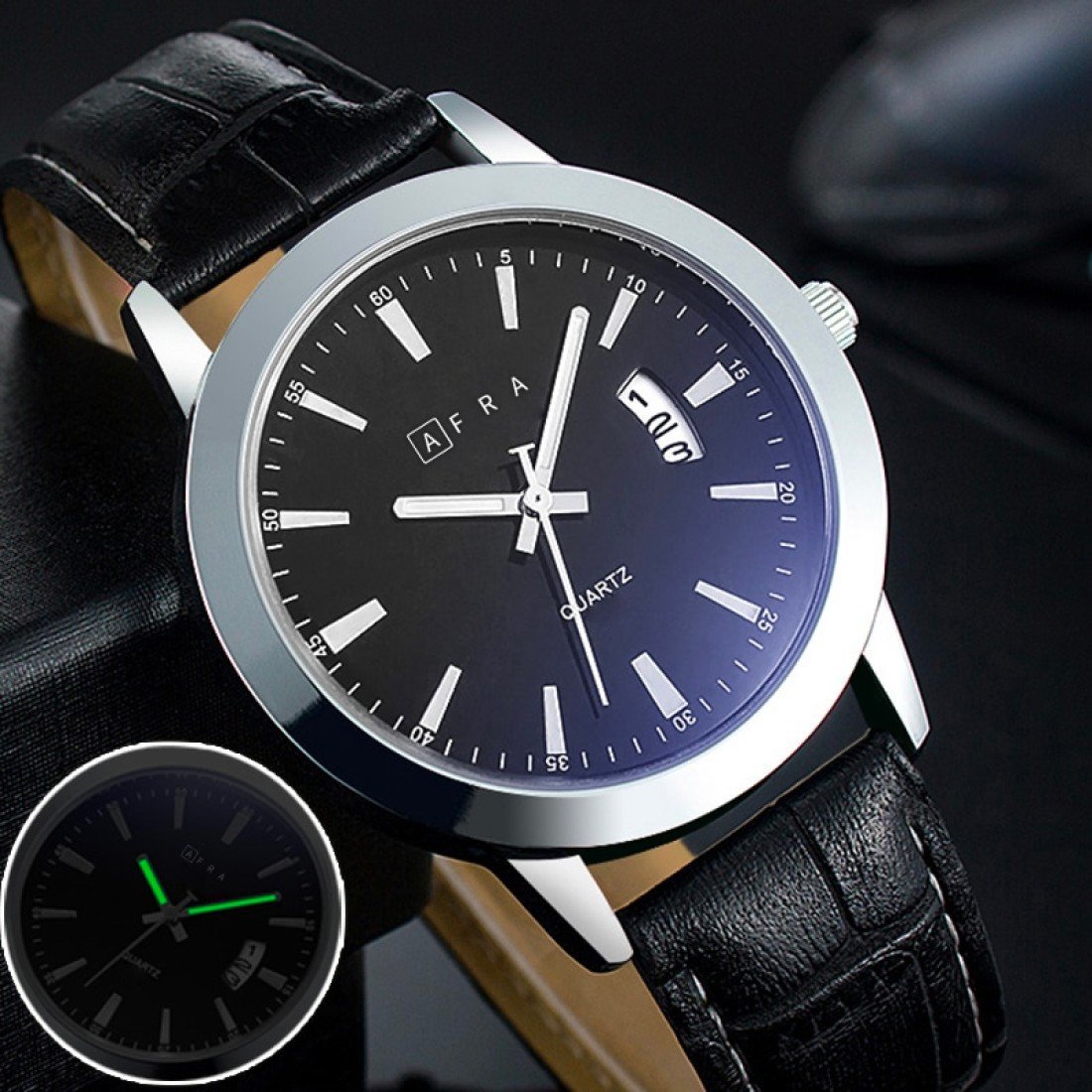 AFRA Lumen Gents Watch | Silver Stainless Steel Case | Time & Date | Leather Strap | AF10202 - Image 2