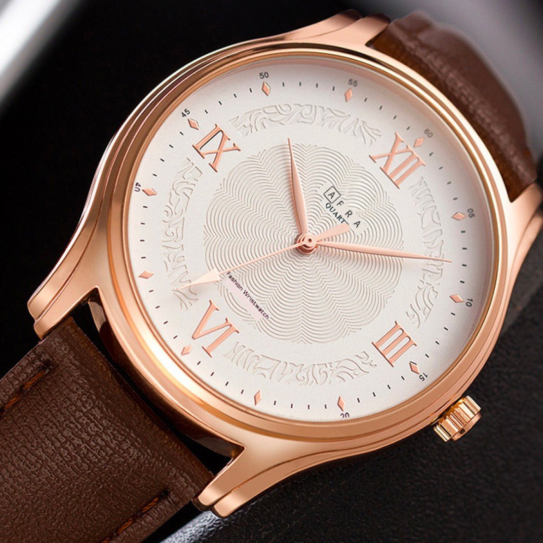 AFRA Maximus Gents Watch | Rose Gold Case | Leather Strap | 30m Water Resistant | AF10601