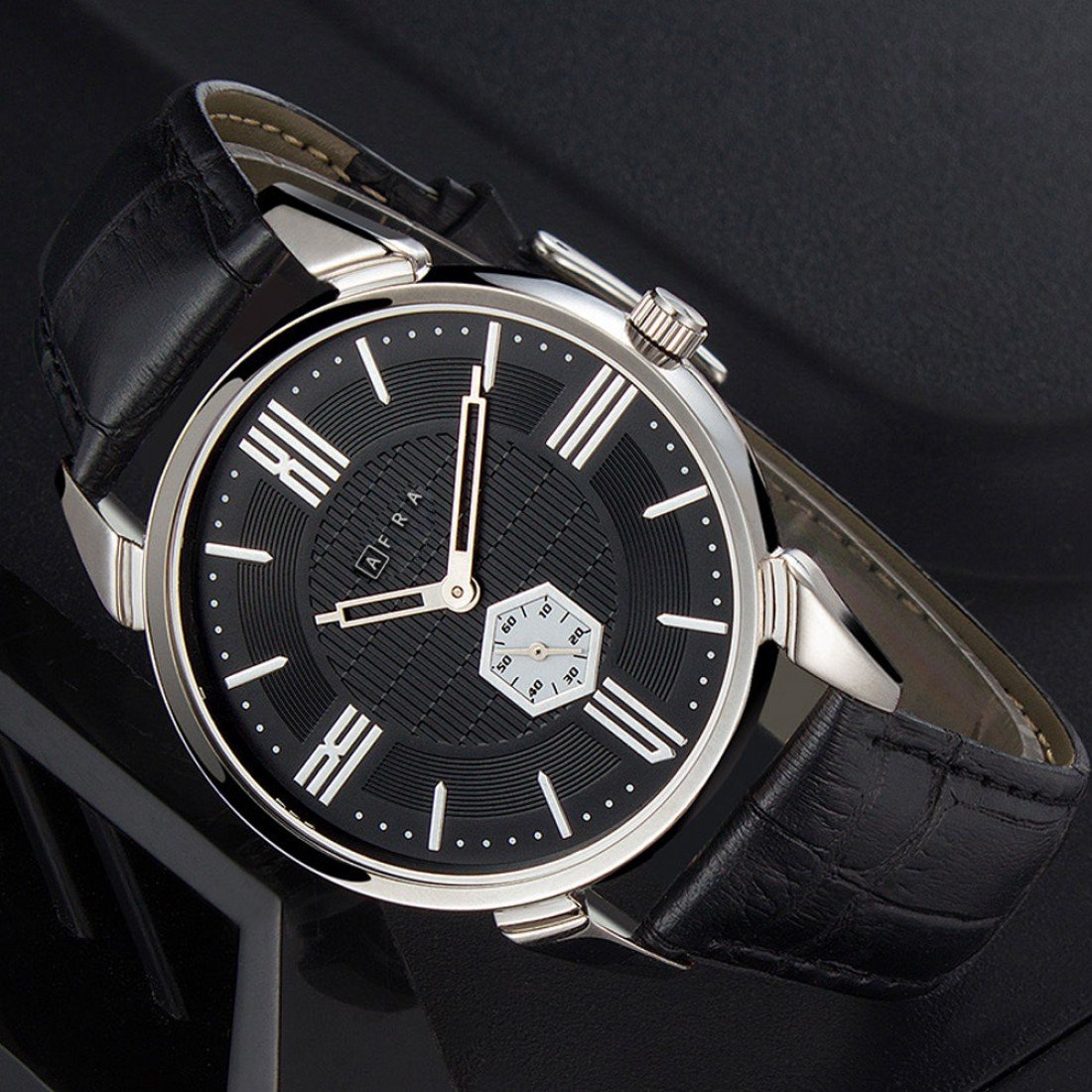 AFRA Moment Gents Watch | Silver Case | Black Dial | Black Leather Strap | Model AF11002 - Image 2