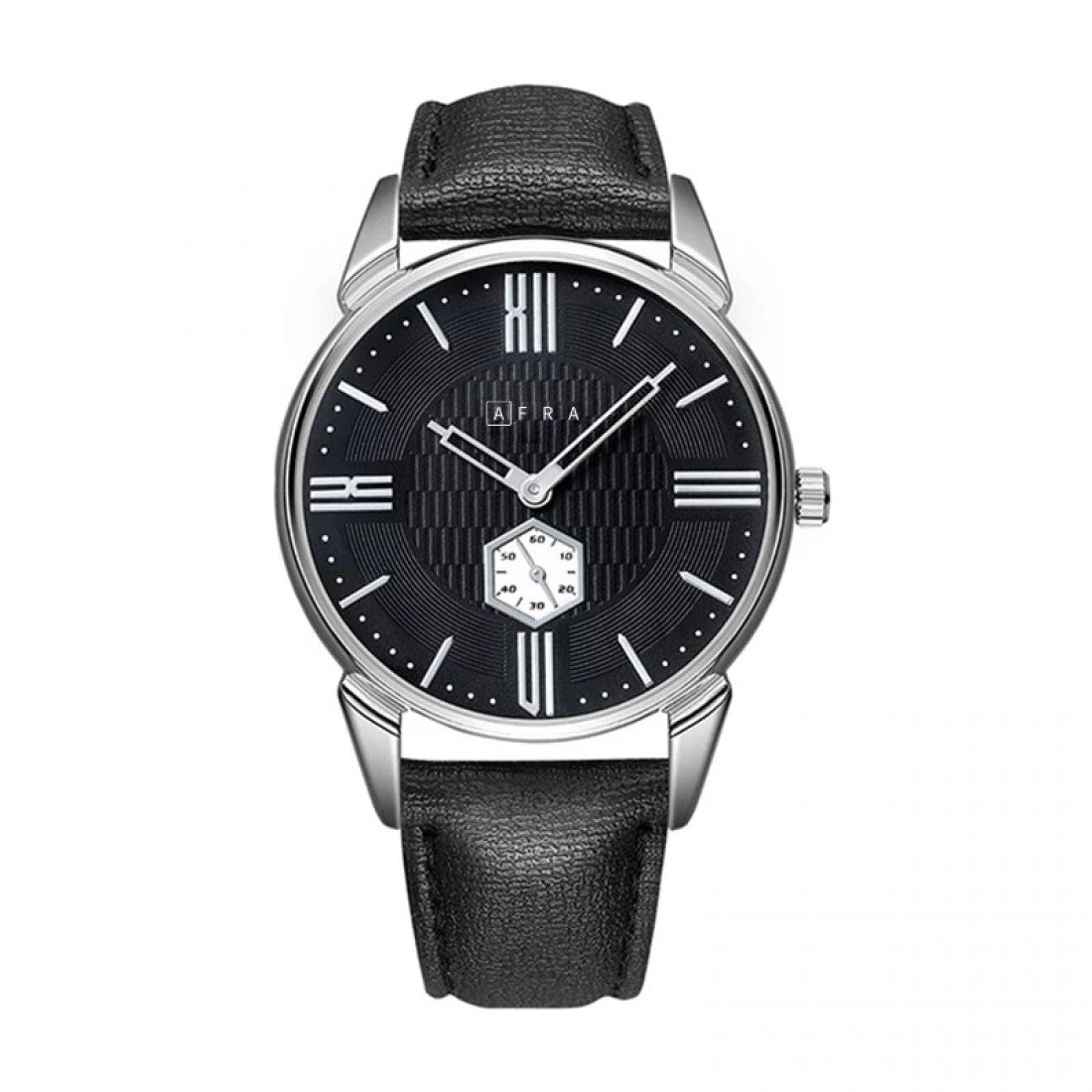 AFRA Moment Gents Watch | Silver Case | Black Dial | Black Leather Strap | Model AF11002