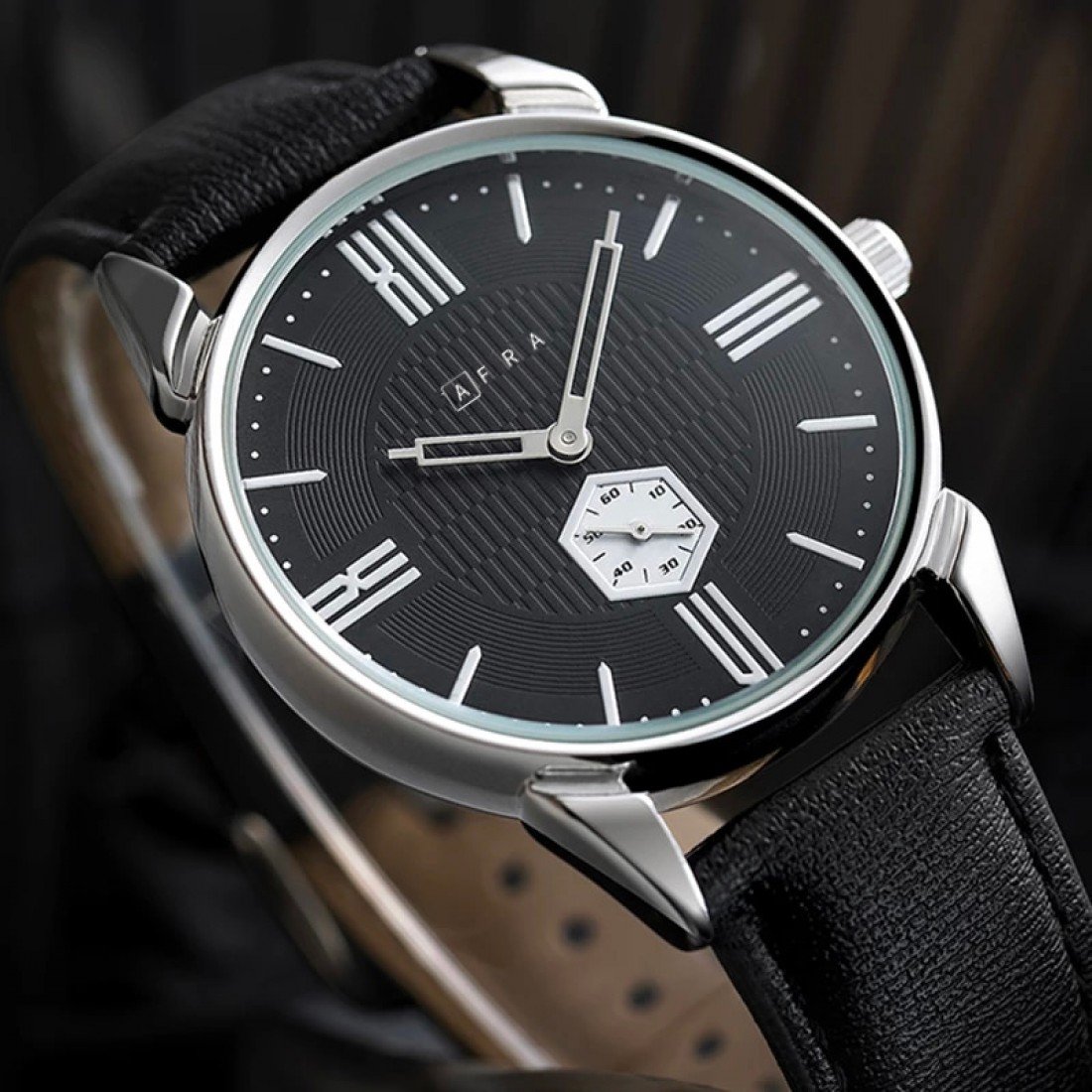 AFRA Moment Gents Watch | Silver Case | Black Dial | Black Leather Strap | Model AF11002 - Image 3