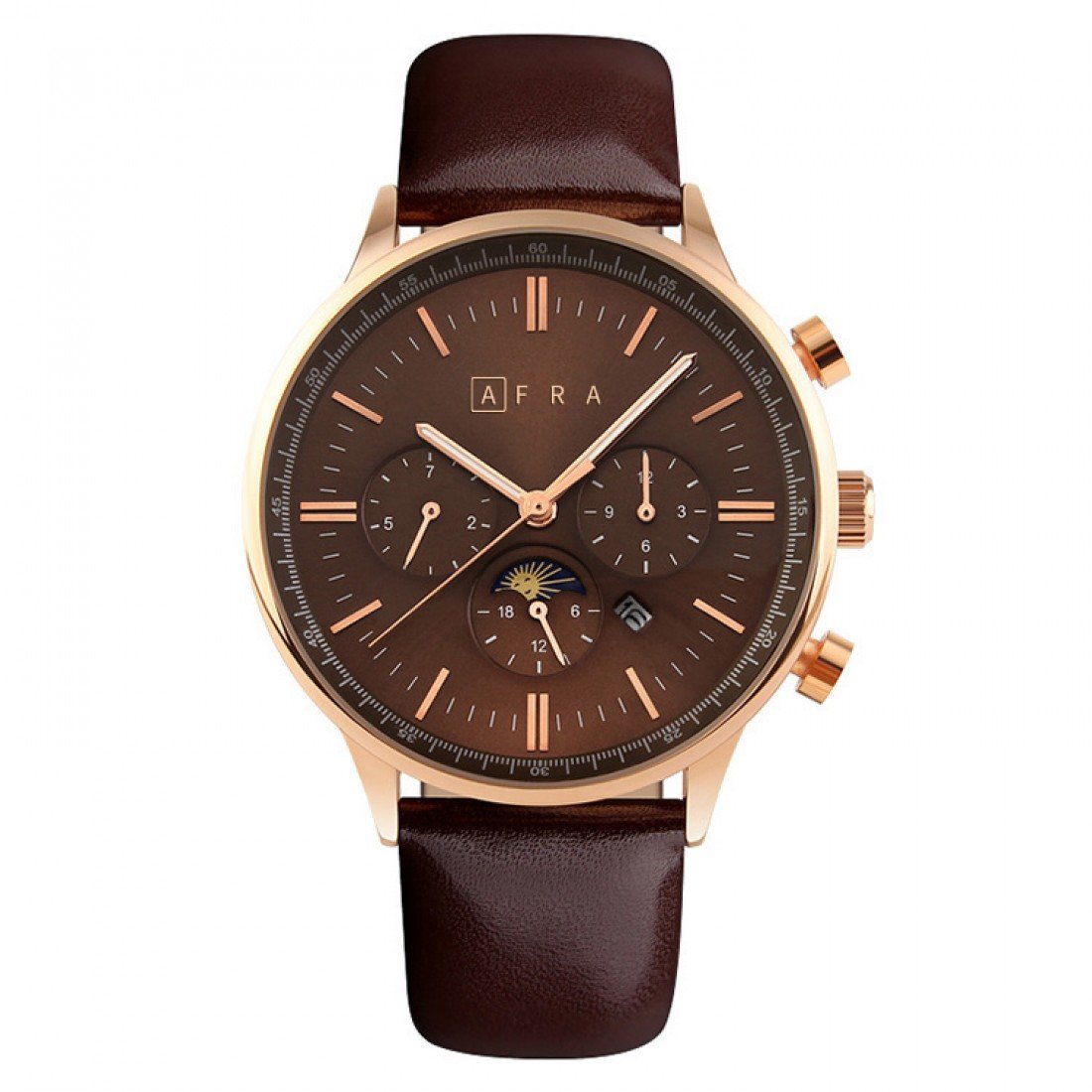 AFRA Crescent Gents Watch | Rose Gold Case | Brown Dial | Brown Leather Strap | Model AF11102
