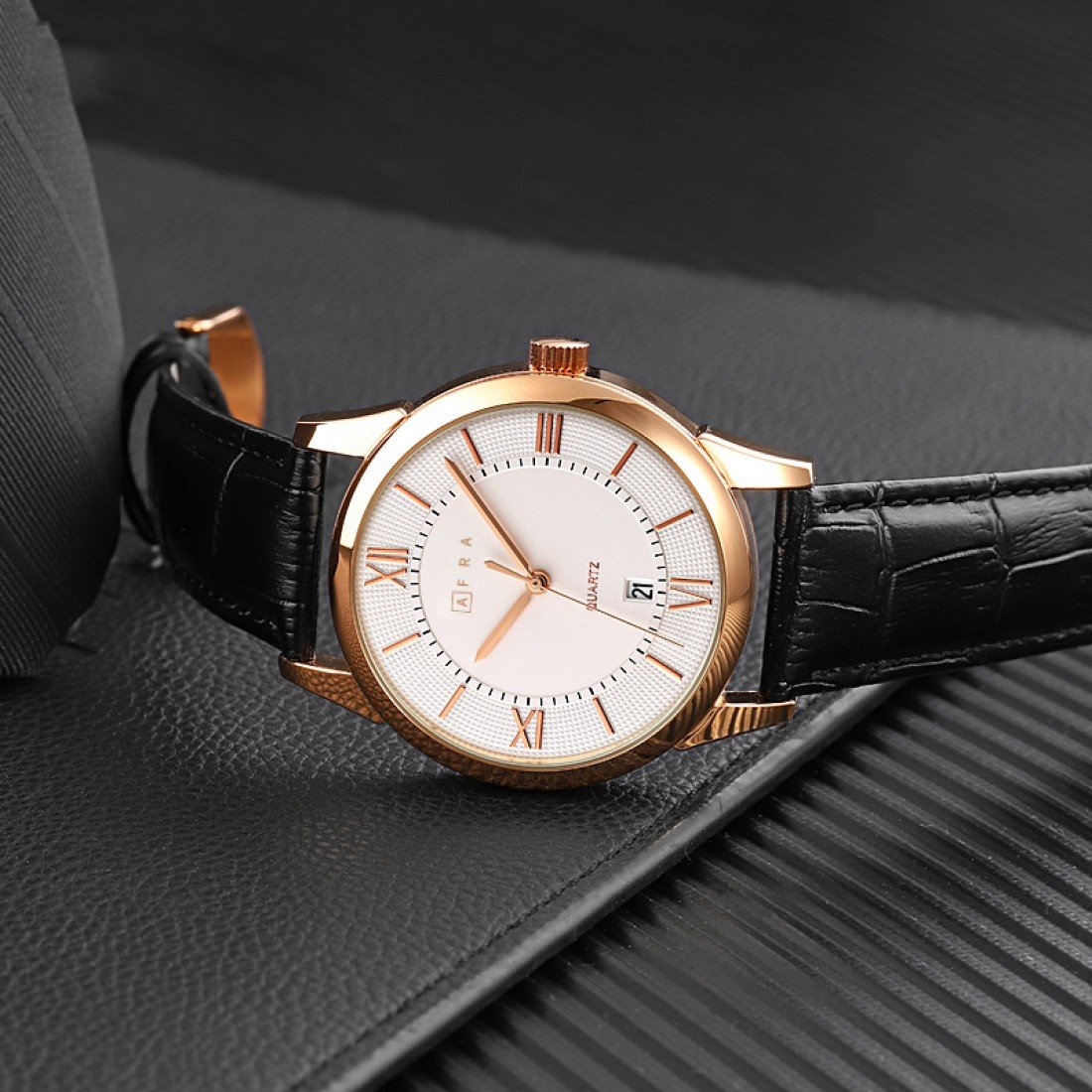 AFRA Oberon Gents Watch | Rose Gold Case | White Dial | Black Leather Strap | AF11601 - Image 2