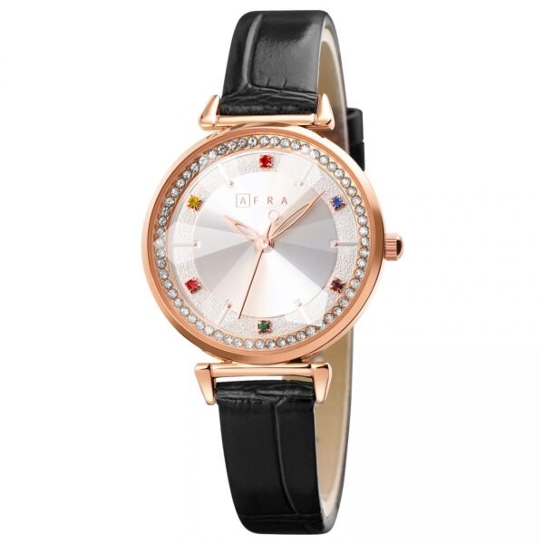 AFRA GEMMA LADIES WATCH ROSE GOLD CASE WHITE DIAL BLACK LEATHER - Image 3