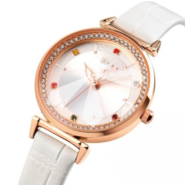 AFRA GEMMA LADIES WATCH ROSE GOLD CASE WHITE DIAL WHITE LEATHER - Image 3