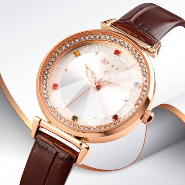 AFRA GEMMA LADIES WATCH ROSE GOLD CASE WHITE DIAL BROWN LEATHER - Image 3