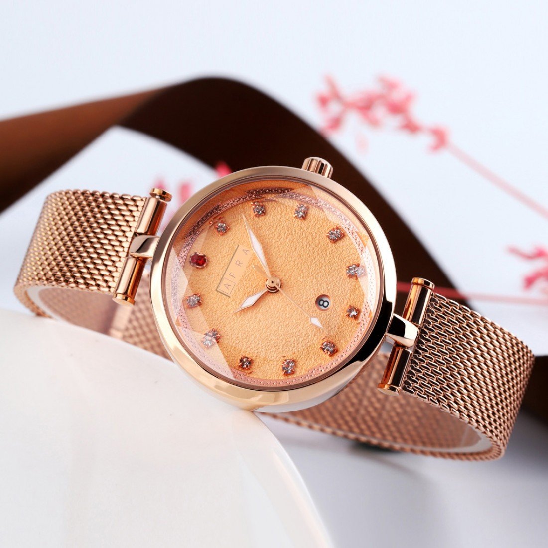 AFRA Regina Ladies Watch | Rose Gold Case | Gold Dial | Rose Gold Mesh Bracelet | AF21602