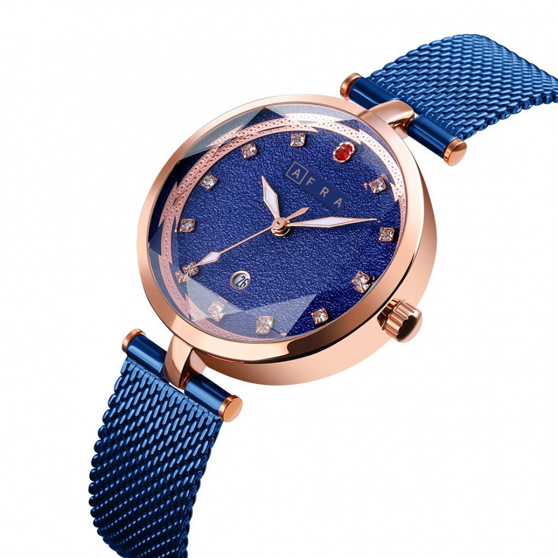 AFRA Regina Ladies Watch | Rose Gold Case | Blue Dial | Blue Mesh Bracelet | AF21604