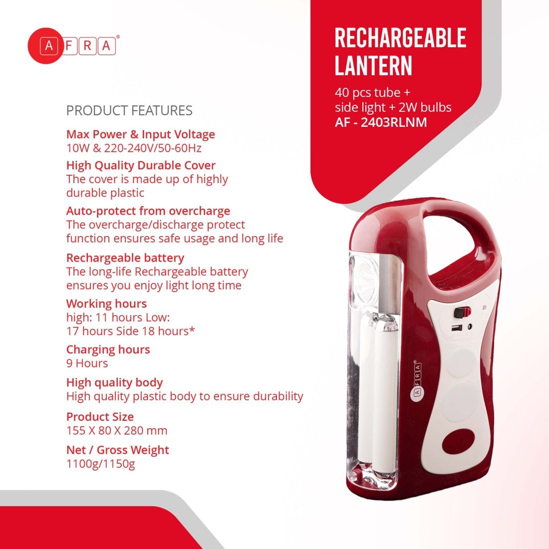 AFRA Rechargeable Lantern | 10W | Solar & AC Charging | 24 LEDs | Mobile Charger | AF-2403RLNM - Image 4