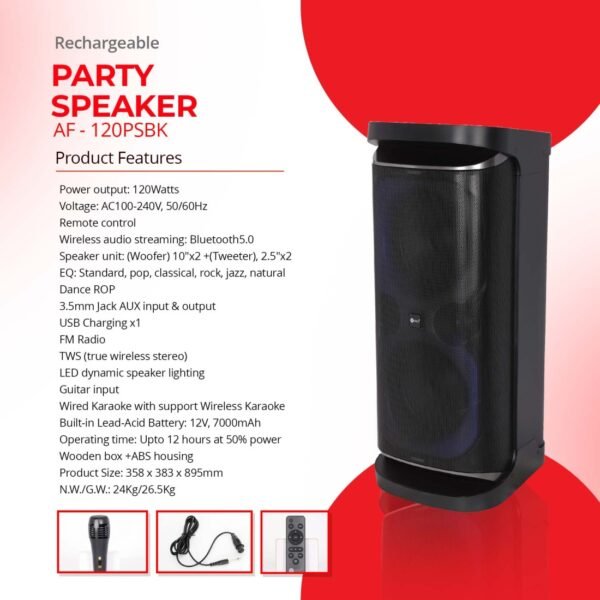 AFRA Party Speaker, 120 Watts, 24kg, Black, 7000Ma Battery, Karaoke Mic, LED Speaker Lighting, AF-120PSBK, 2 Years Warranty - Image 7