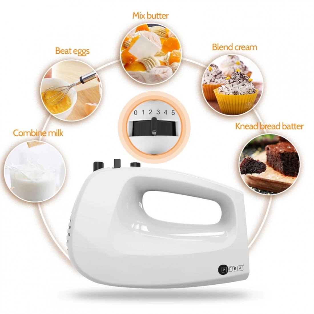 AFRA Hand Mixer, 250W, For Eggs and Dough, Ejector Button with Safety, 5 Speed Settings, Turbo Function, G-MARK, ESMA, ROHS, and CB Certified, AF-250HMWT, 2 years warranty - Image 2